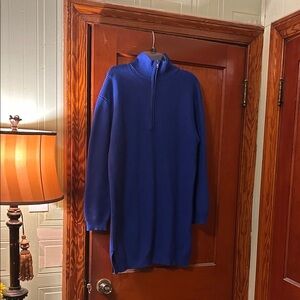 Blue Mock Neck Zip Up Sweater Dress